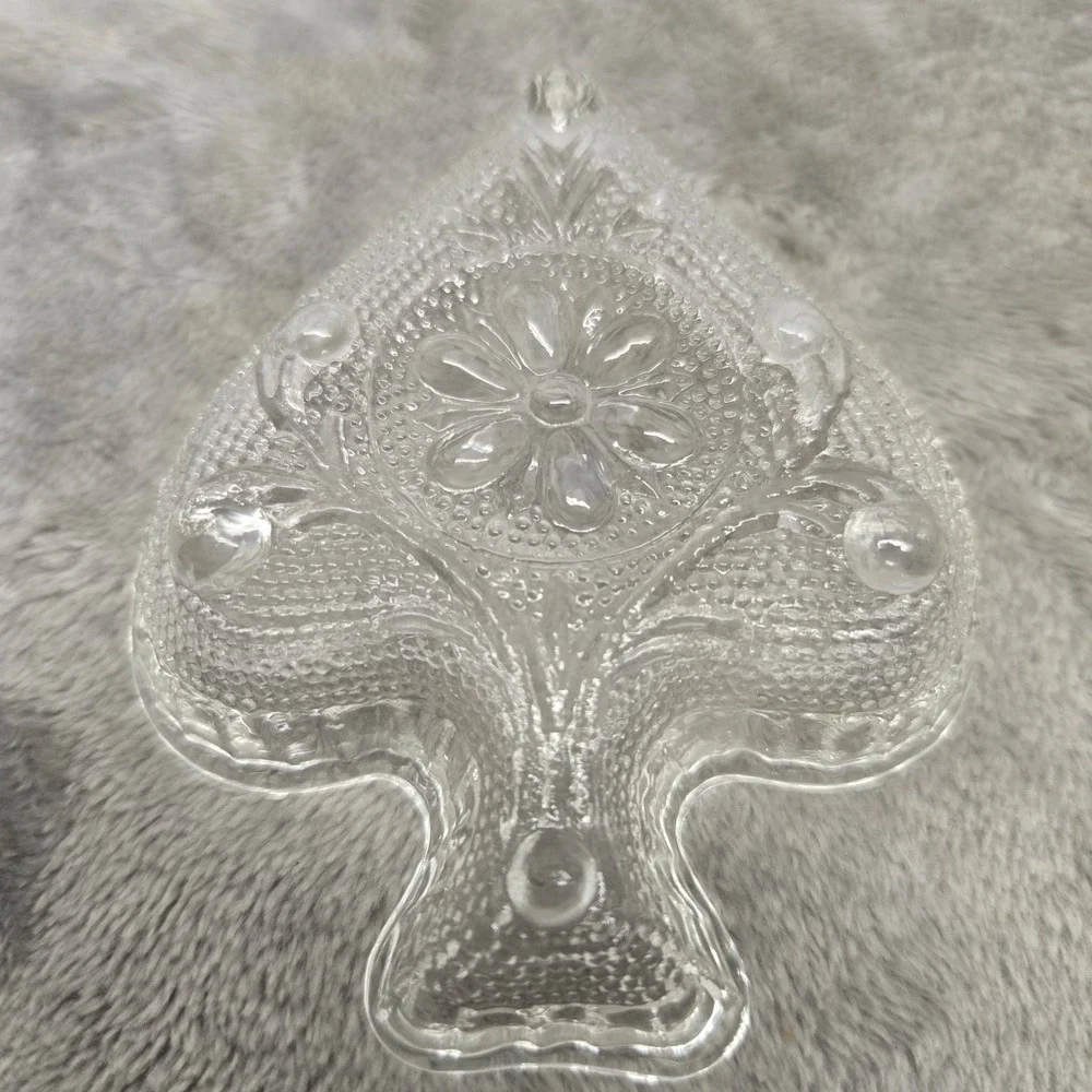 Vintage Clear Pressed Glass Ace of Spades Trinket Dish Floral Pattern Card Suit